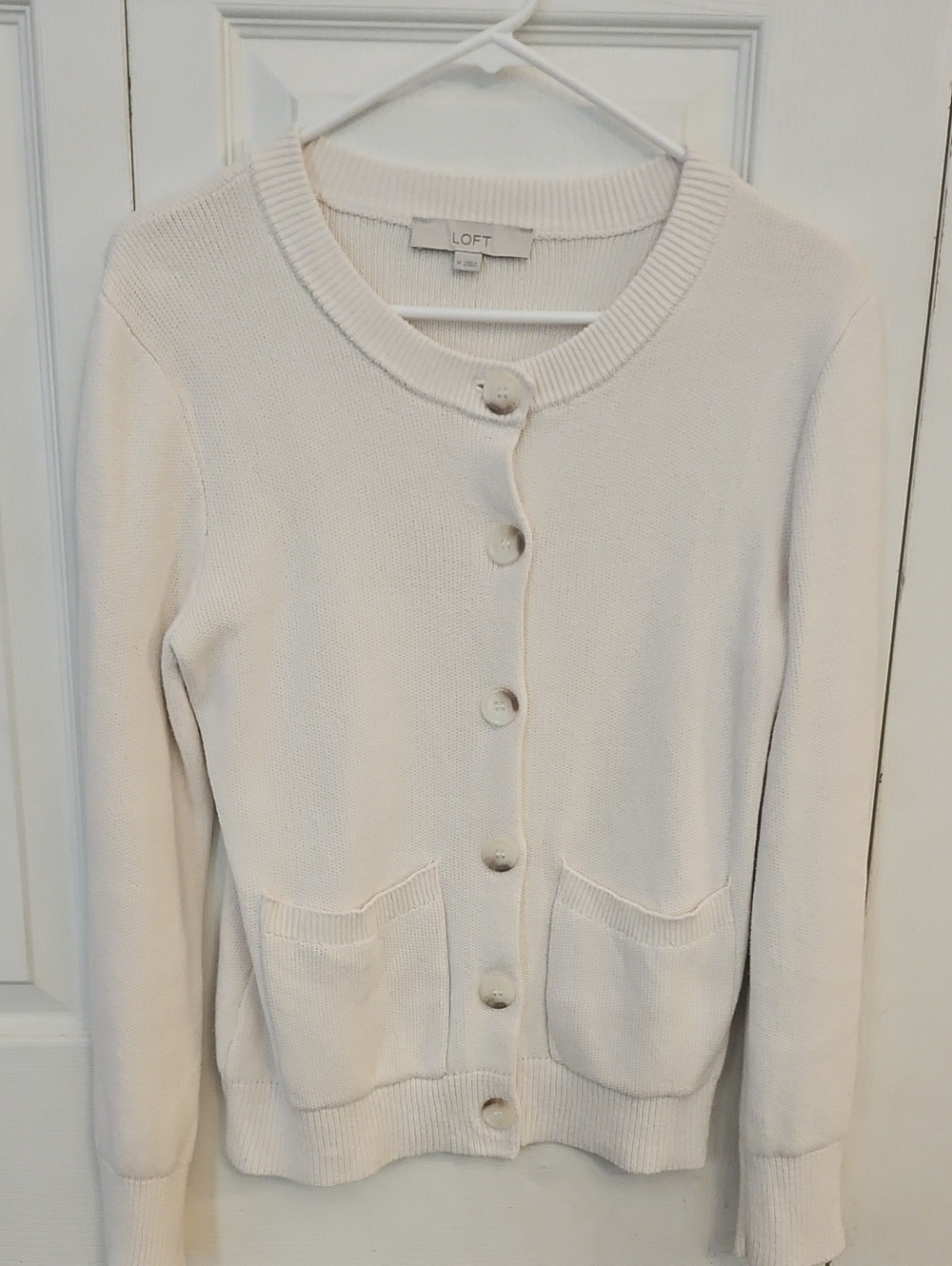 LOFT Cream Button-Front Pocket Cardigan